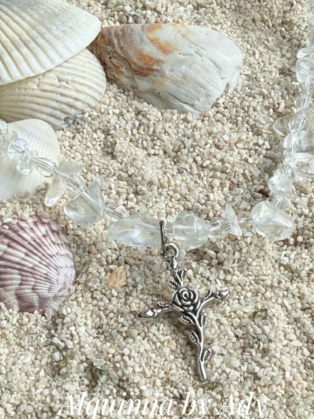 Phantom quartz Bead Rosary Necklace with Silver Crucifix